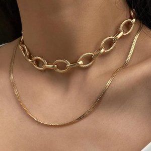 Gold Link Choker and Herringbone Layered Necklace Set